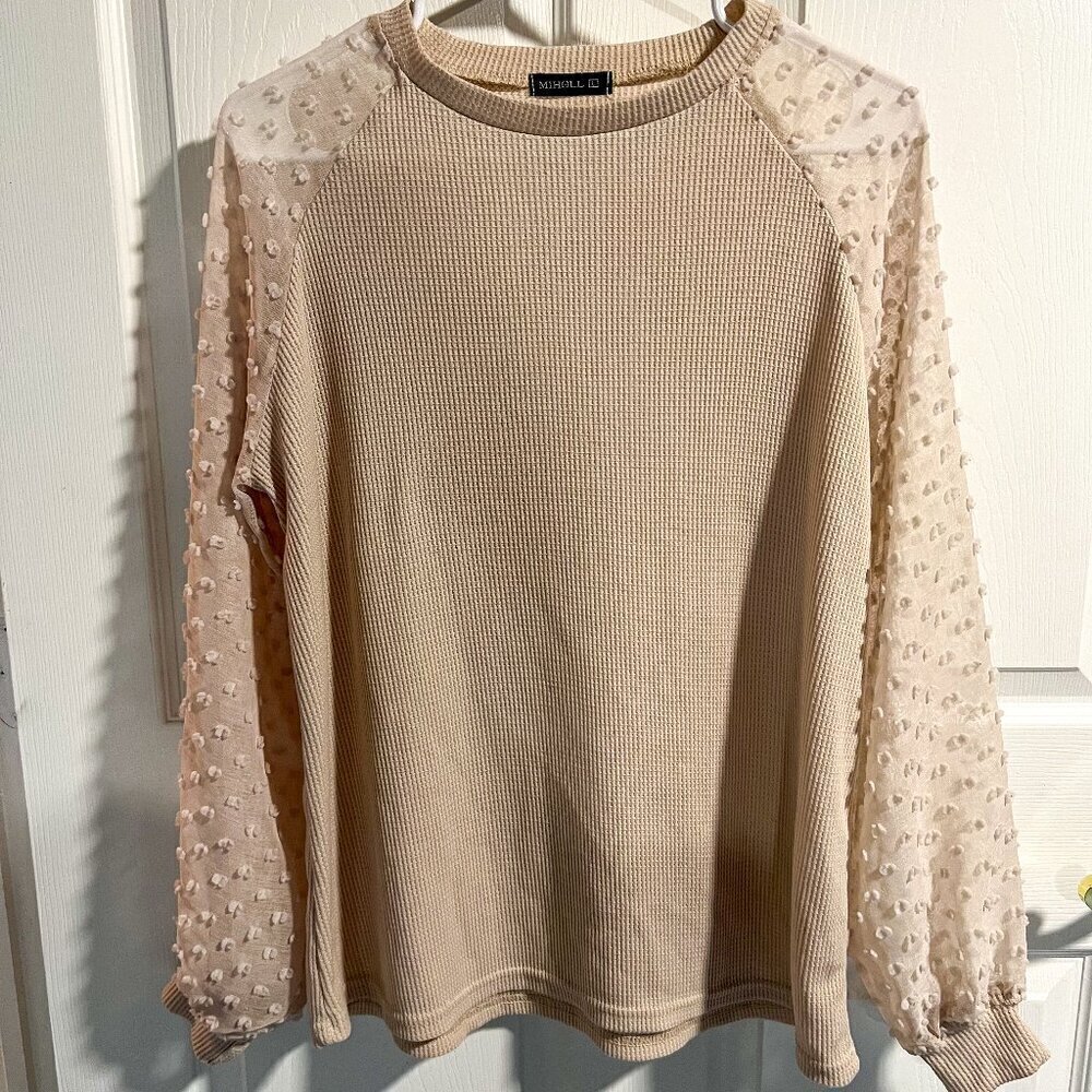 MIHOLL Large Solid Cream Sheer Pompom Balloon Sleeves Waffle Knit Shirt